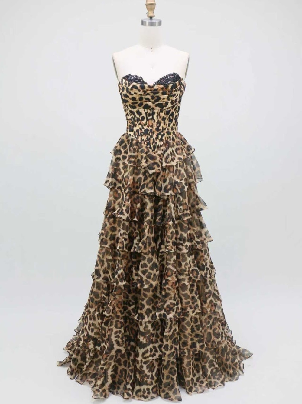 Strapless Leopard-Print Tiered Ruffle Evening Gown